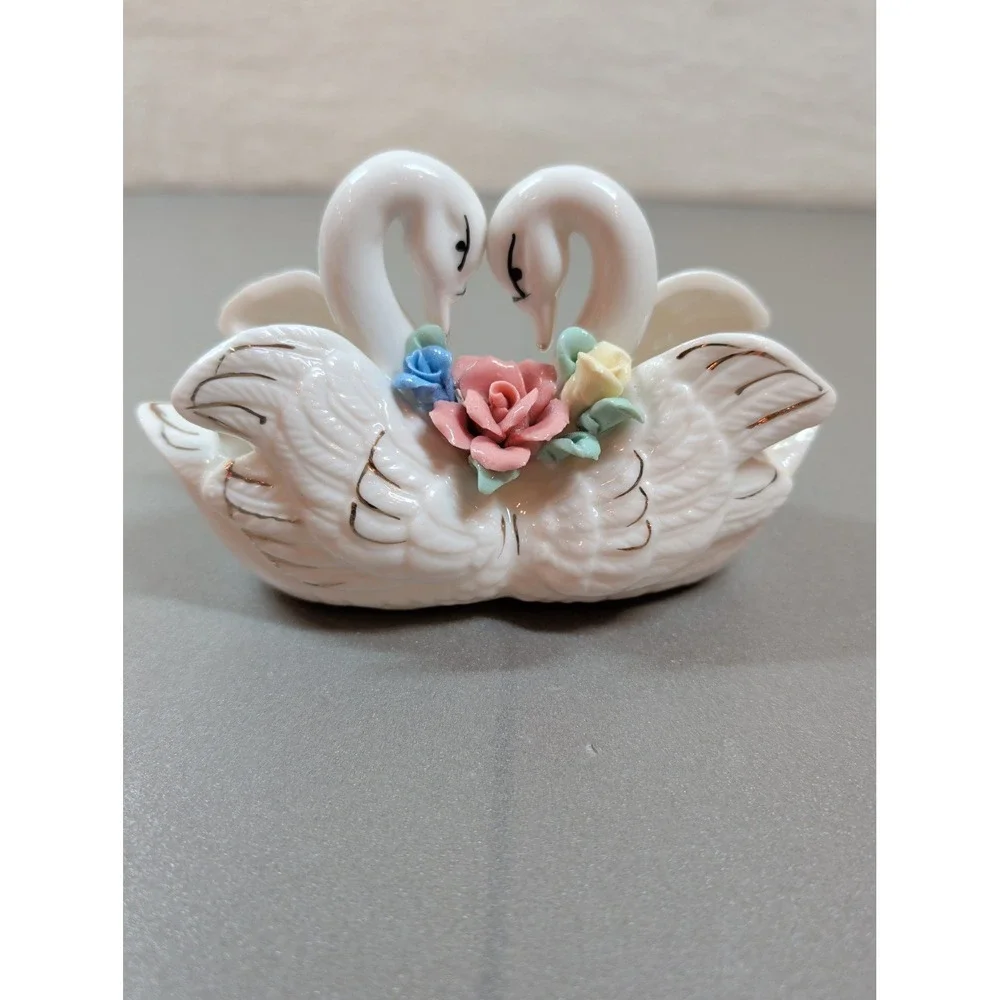 Vintage Porcelain Double Swan Planter White Gold Trim Pastel Roses Trinket Dish